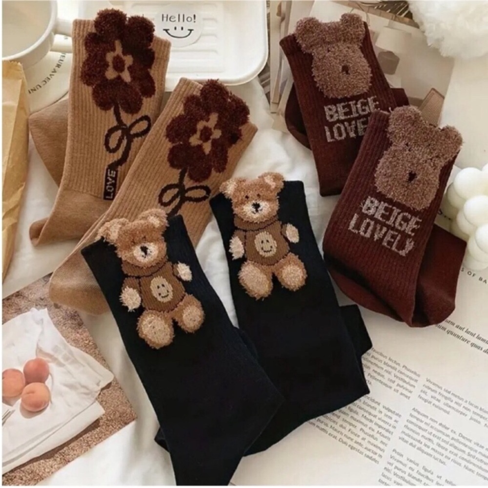 Women's Socks & Hosiery 3 Pairs Teddy Bear Print Socks Comfy Cute Mid Tube Socks